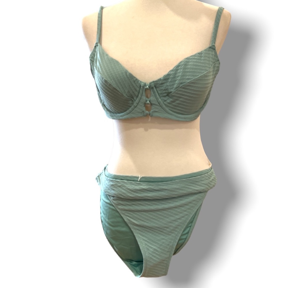 NEW ribbed dust  green two pieces swimsuit high thigh bikini Sz XL